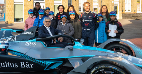 Rokhsana Fiaz, Mayor of Newham and Sadiq Khan, Mayor of London with Formula E car and students of Salisbury School