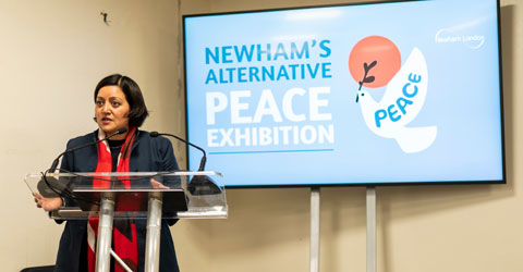 Mayor of Newham, Rokhsana Fiaz, speaks at Newham's alternative peace exhibition.