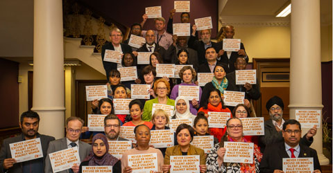 Mayor Rokshana Fiaz standing with many other people in support of the elimination of violence against women