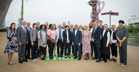 Representatives from the BBC, UCL, the London College of Fashion, Sadler&rsquo;s Wells and the V&amp;A stand together at Queen Elizabeth Olympic Park