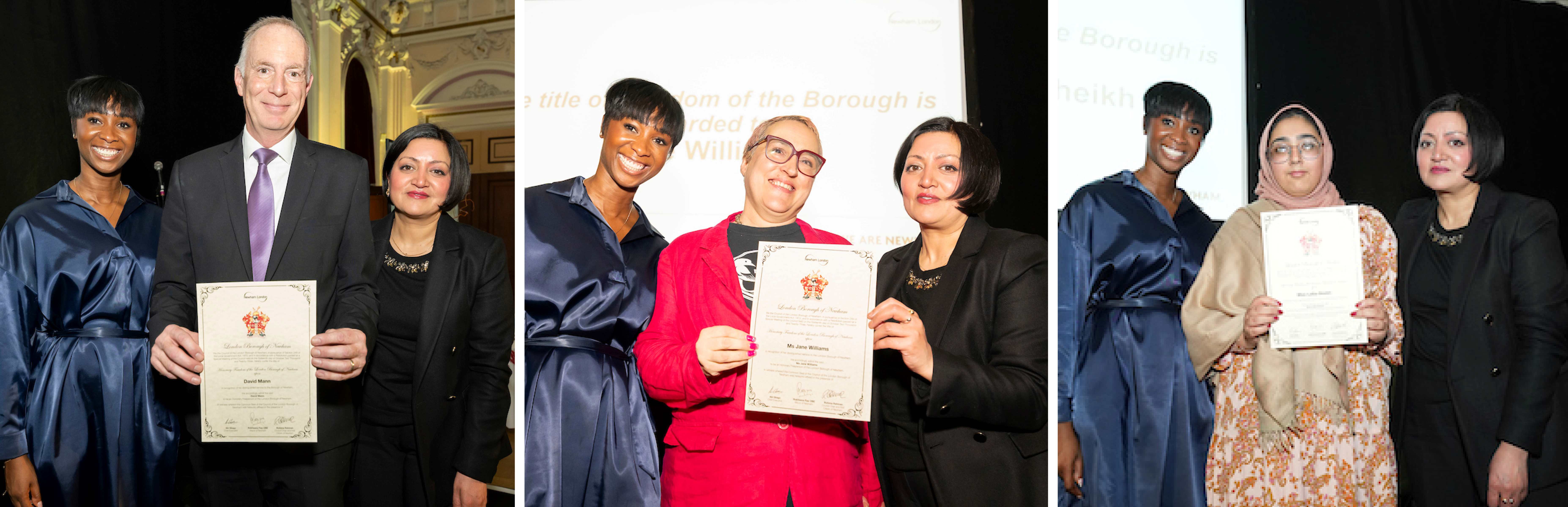 Honorary freedom of the london borough of newham award david mann jane williams and laiba sheikh