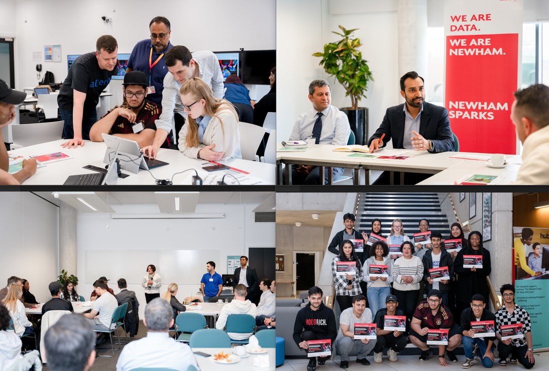 Four pictures showing children using computers as part of Newham Council's data escape rooms for London Data WEek 2023.