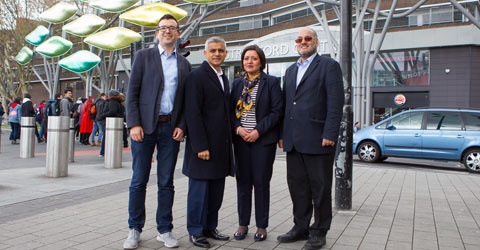 Sadiq Khan, Rokhsana Fiaz, Will Norman, Zulfiqar Ali take a walk along Stratford Broadway.