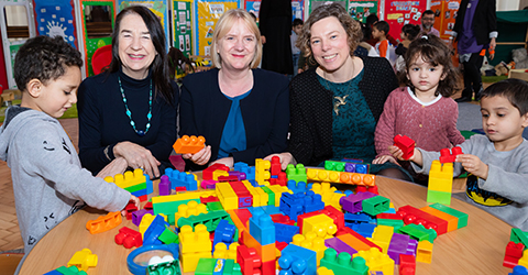 Cllr Jane Lofthouse, Deputy Mayor of London Joanne McCartney, Cllr Julianne Marriott visit children at Kool Kidze St. Barnabas Preschool in Manor Park.