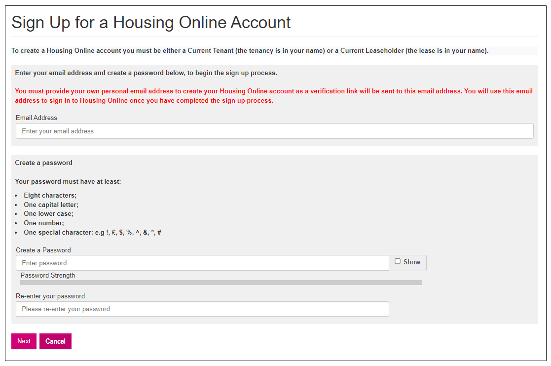 Sign up for a houisng account step 1